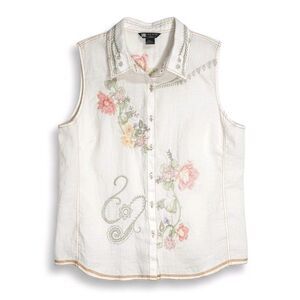 Carole Little Linen Embroidered Sleeveless Button Up Top XL White Floral Lagen